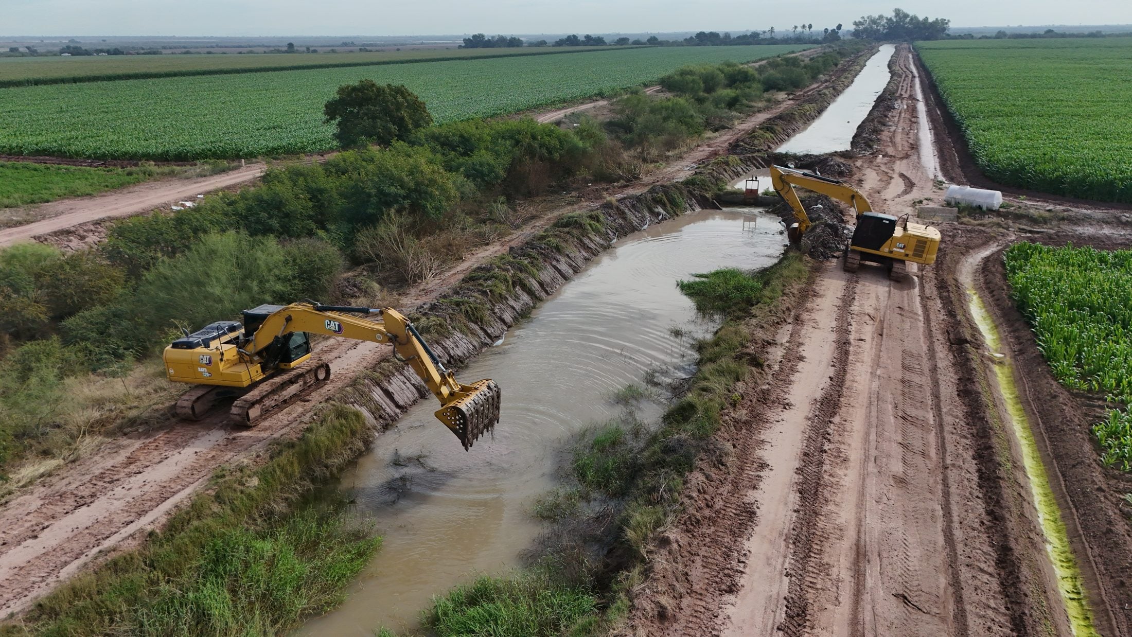 Conservación entre parcelas. Excavadora sobre el bordo de un canal lateral, rodeada por parcelas en producción.